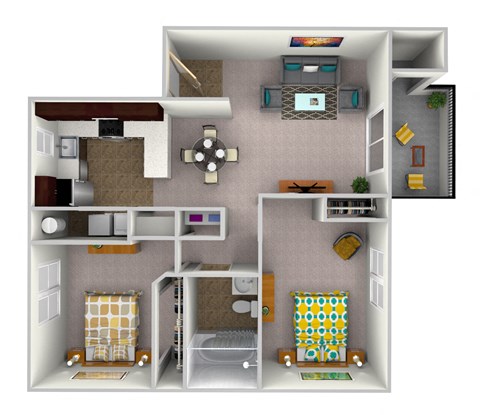 Floor plan for 2 beds, 1 bath, 870 sqft